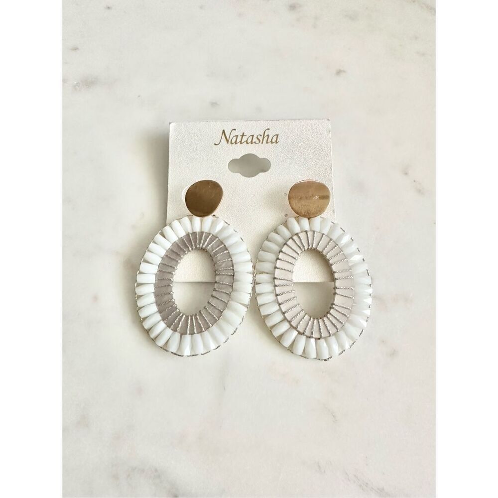 Natasha grey and white beaded oval dangle earrings